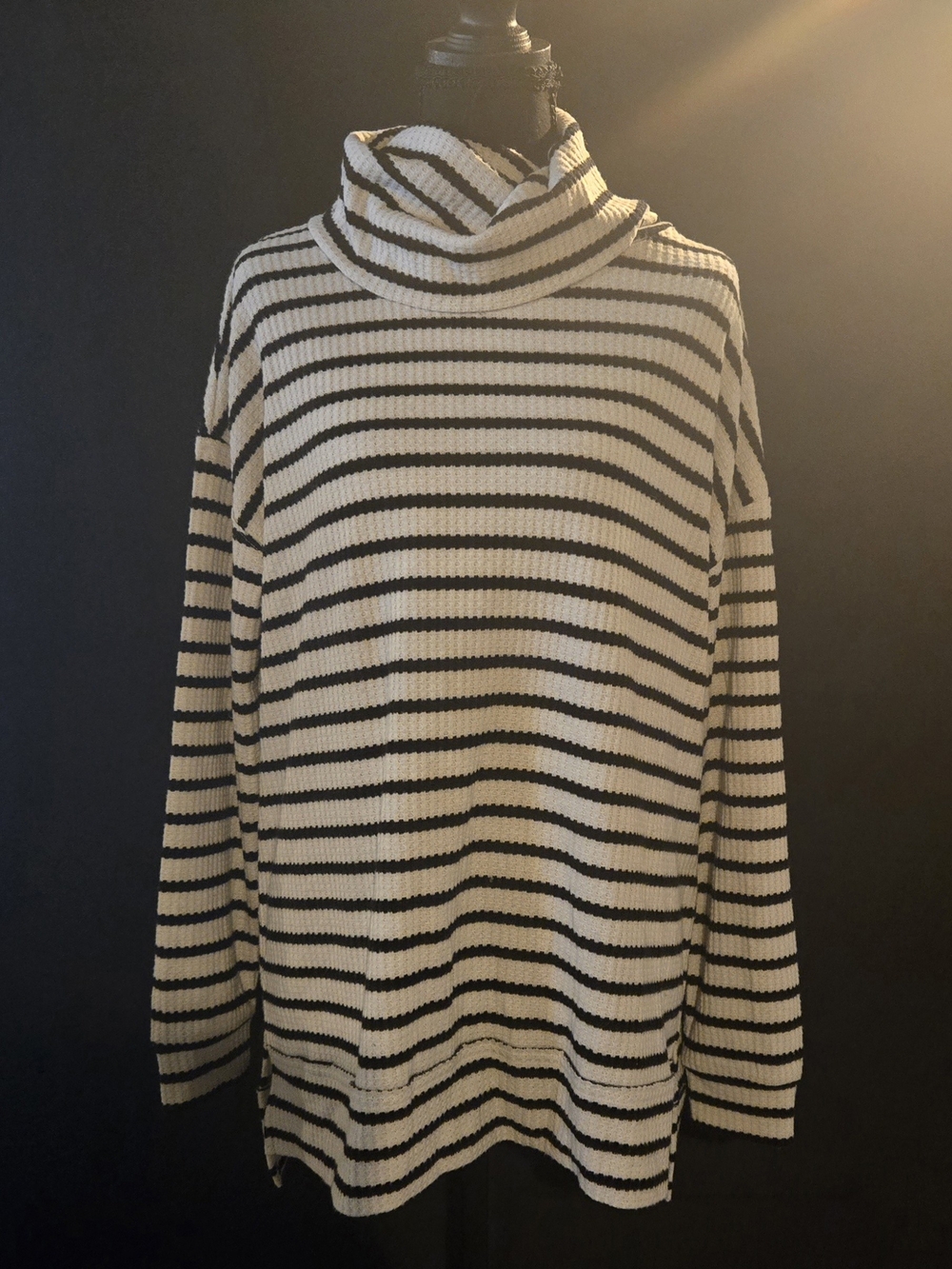 Lou & Grey Black & Cream Striped Waffle Knit Cowl-Neck Tunic